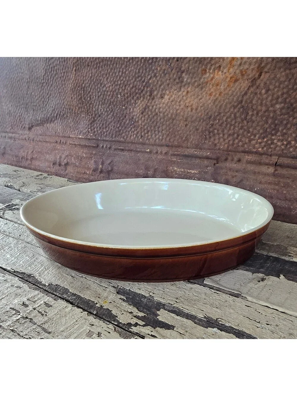 Vintage Ceramic oval baking dish with brown exterior and cream interior